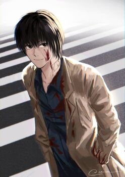 Rule 34 | 1boy, black eyes, black hair, black shirt, blood, blood on clothes, blood on face, brown coat, coat, collared shirt, commentary, fibonacci sequence tattoo, hands in pockets, highres, light smile, looking at viewer, male focus, nagumo (sakamoto days), ndsoda, sakamoto days, shirt, short hair, solo, standing, twitter username
