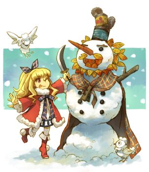 Rule 34 | 1girl, 3others, :p, absurdres, autumn leaves, bird, blonde hair, boots, buttons, can, carrot, cloak, clothes pin, coal, coat, dagger, dress, fur-trimmed coat, fur trim, hair ribbon, high ponytail, highres, holding, holding dagger, holding knife, holding weapon, knife, koki08186863, leaf, multiple others, myskina olga, necktie, one eye closed, one piece, outstretched arms, ponytail, red coat, red footwear, ribbon, snow, snowing, snowman, standing, standing on one leg, stick, thighhighs, tin (container), tongue, tongue out, weapon, white bird, white dress, white thighhighs, wide ponytail