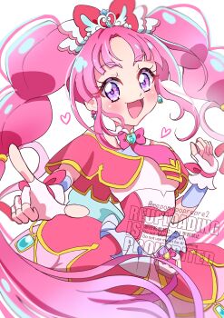 1girl :d absurdres blush bow braid brooch capelet commentary cure_mystic dot_nose dress earrings fingerless_gloves gloves hair_bow hair_ornament heart heart_brooch heart_hair_ornament heart_in_eye highres jewelry kobayashi_mikuru layered_dress long_hair looking_at_viewer magical_girl meitantei_precure! mepomipoprepre2 open_mouth parted_bangs pink_bow pink_capelet pink_dress pink_gloves pink_hair pointing pointing_at_viewer precure purple_eyes red_bow sidelocks simple_background smile solo symbol_in_eye twin_braids white_background