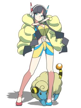 1girl black_hair blue_eyes blunt_bangs breasts coat elesa_(pokemon) full_body gen_2_pokemon headphones highres horns kanbei_(pixiv11037490) large_breasts long_hair mareep midriff mismatched_shoes navel nintendo open_clothes open_coat pokemon pokemon_(creature) pokemon_bw2 sheep sheep_horns shorts simple_background sweatdrop tail white_background wool yellow_coat