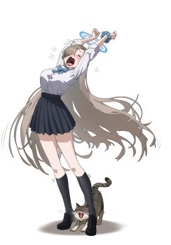 Rule 34 | 1girl, absurdres, arms up, asuna (blue archive), asuna (school uniform) (blue archive), black shoes, black skirt, black socks, blue archive, blue bow, blue bowtie, blue halo, bow, bowtie, breasts, brown hair, button gap, cat, coierah, commentary request, full body, halo, highres, kneehighs, open mouth, pleated skirt, school uniform, scrunchie, shirt, shoes, simple background, skirt, socks, solo, squeans, stretching, white background, white shirt, wrist scrunchie, yawning