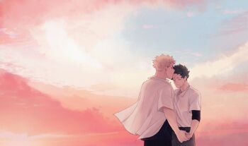 Rule 34 | 2boys, 5mll3, bakugou katsuki, belt, black belt, black pants, blonde hair, boku no hero academia, closed eyes, closed mouth, collared shirt, cowboy shot, dawn, green hair, holding hands, male focus, midoriya izuku, multiple boys, open collar, outdoors, pants, shirt, shirt tucked in, short hair, short sleeves, sky, spiked hair, white shirt, yaoi