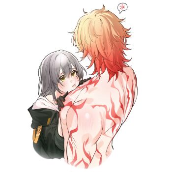 1boy 1girl arm_tattoo back_tattoo bare_pectorals between_pectorals black_gloves blush_stickers commentary commission el_laa english_commentary gloves grey_hair groping highres honkai:_star_rail honkai_(series) jacket mydei_(honkai:_star_rail) pectorals stelle_(honkai:_star_rail) tattoo trailblazer_(honkai:_star_rail) vgen_commission yellow_eyes