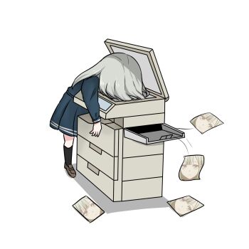 Rule 34 | 1girl, bang dream!, bang dream! it's mygo!!!!!, black socks, blue shirt, blue skirt, brown shoes, commentary request, green hair, highres, long hair, long sleeves, photocopier, photocopying self, school uniform, shirt, shoes, simple background, skirt, socks, solo, ssami, tsukinomori school uniform, wakaba mutsumi, white background