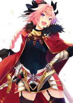 1boy astolfo_(fate) astolfo_(third_ascension)_(fate) black_thighhighs braid cape crown fang fate/apocrypha fate/grand_order fate_(series) garter_straps hair_ribbon long_hair looking_at_viewer male_focus mini_crown open_mouth p_answer pink_hair purple_eyes ribbon single_braid smile solo thighhighs trap