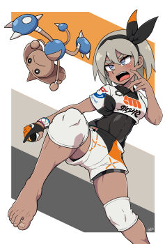 1girl :< absurdres barefoot bea_(pokemon) black_hairband black_shirt blue_eyes breasts commentary dark-skinned_female dark_skin dynamax_band fighting_stance galois gen_2_pokemon gloves grey_hair hairband highres hitmontop linea_alba nintendo pokemon pokemon_(creature) pokemon_swsh shirt short_hair short_shorts shorts signature single_glove small_breasts standing standing_on_one_leg thick_eyebrows toned toned_female v-shaped_eyebrows white_shorts wristband