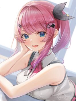 1girl :d absurdres arm_rest belt black_ribbon black_shorts blue_eyes blush bow bowtie breasts center_frills collared_shirt commentary frills gradient_hair hair_bow hair_ornament hair_ribbon hairclip hand_on_own_cheek hand_on_own_face head_rest high-waist_shorts highres horo_27 indoors kuramochi_meruto kuramochi_meruto_(1st_costume) long_hair looking_at_viewer lying multicolored_hair nijisanji on_stomach open_mouth pink_belt pink_bow pink_bowtie pink_hair polka_dot polka_dot_bow purple_hair ribbon shirt shorts side_ponytail sleeveless sleeveless_shirt smile solo symbol-only_commentary virtual_youtuber white_shirt