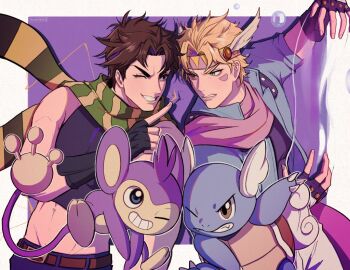 aipom arm_up battle_tendency belt black_gloves black_shirt blonde_hair blue_eyes blue_jacket blue_pants brown_belt brown_eyes brown_hair bubble caesar_anthonio_zeppeli claws clenched_teeth commentary cowboy_shot crop_top crossover english_commentary facial_mark fake_head_wings gen_1_pokemon gen_2_pokemon gloves grin headband jacket jojo_no_kimyou_na_bouken joseph_joestar joseph_joestar_(young) kookirani lapels midriff nintendo one_eye_closed pants pokemon pokemon_(creature) purple_scarf scarf shirt smile striped_clothes striped_scarf teeth wartortle white_pants