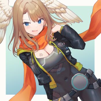 1girl black_bodysuit black_jacket blue_eyes bodysuit breast_tattoo breasts breath brown_hair chomo_(engawaparty) cleavage commentary_request covered_navel eunie_(xenoblade) eyelashes head_wings jacket large_breasts long_hair looking_at_viewer open_mouth orange_scarf scarf simple_background smile solo tattoo wings xenoblade_chronicles_(series) xenoblade_chronicles_3