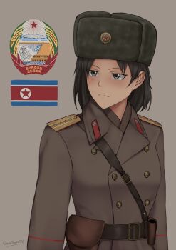 1girl absurdres artist_name belt black_belt black_hair blush brown_coat buttons coat cold_war collar_tabs commentary double-breasted emblem english_commentary frown green_hat grey_background grey_eyes grzegorz1996 hat highres holster korean_people&#039;s_army looking_to_the_side military military_rank_insignia military_uniform north_korea north_korean_flag original sam_browne_belt shoulder_boards simple_background solo trench_coat upper_body ushanka