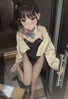 1girl :o animal_ears black_hairband black_leotard blue_bow blue_bowtie blush bow bowtie box breasts brown_shoes cardboard_box commentary_request door doorway fake_animal_ears feet fishnet_pantyhose fishnets hairband highres legs leotard looking_at_viewer mary_janes open_door original pantyhose playboy_bunny pov pov_doorway putting_on_footwear rabbit_ears sandals shadow shoes small_breasts solo standing standing_on_one_leg tile_floor tiles toes unworn_shoes white_sandals yukiyama_momo