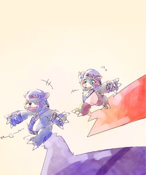 96uni69 bear bearmon blue_hat brothers closed_eyes digimon digimon_(creature) digimon_story:_time_stranger full_body grey_background hat highres no_humans running siblings simple_background walking