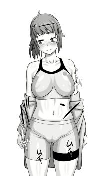 1girl bike_shorts blush boots breasts cameltoe covered_erect_nipples gundam gundam_build_fighters gundam_build_fighters_try high_ponytail highres hoshino_fumina large_breasts looking_to_the_side midriff monochrome navel ponytail solo sports_bra thighs yanagi_hirohiko