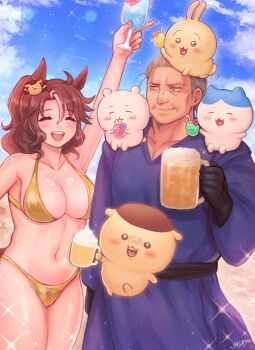 1boy 1girl alcohol animal_ears beer bikini breasts brown_hair chiikawa chiikawa_(character) cleavage closed_eyes commission crossover cup gold_bikini hand_up highres holding holding_cup horse_ears horse_girl jinno_shigure koukou_tekken-den_tough mejiro_palmer_(umamusume) miyazawa_sonou muscular skeb_commission swimsuit