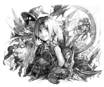 3girls 4boys adelbert_steiner aircraft airship armor beatrix belt belt_buckle bodysuit bow bracer buckle castle choker closed_mouth crystal eiko_carol eyepatch final_fantasy final_fantasy_ix garnet_til_alexandros_xvii gloves greyscale hair_bow hand_on_own_hip hat hat_feather holding holding_sword holding_weapon hungry_clicker jewelry kuja long_hair long_sleeves low-tied_long_hair monochrome multiple_boys multiple_girls neckerchief necklace pants parted_bangs puffy_sleeves save_the_queen short_hair smile square_enix sword tail vest vivi_ornitier weapon white_background wizard_hat zidane_tribal
