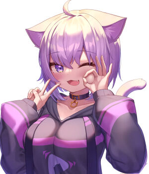 1girl ;d absurdres ahoge animal_ears black_hoodie blush breasts cat_ears cat_girl cat_tail collar collarbone deaver drawstring fang food_print highres hololive hood hood_down hoodie large_breasts long_sleeves looking_at_viewer nekomata_okayu nekomata_okayu_(1st_costume) ok_sign one_eye_closed onigiri_print open_mouth purple_eyes purple_hair short_hair smile solo tail upper_body v virtual_youtuber
