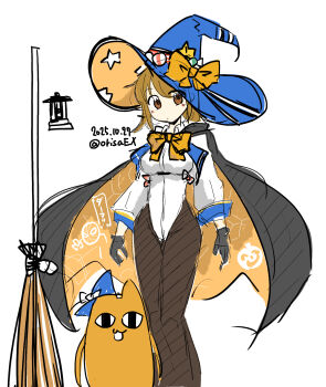 1girl azumanga_daiou black_gloves black_pantyhose blue_hat broom brown_eyes brown_hair cape cat crossover dated feet_out_of_frame flipped_hair gloves halloween_costume hat highres kantai_collection leotard mihama_chiyo&#039;s_father pantyhose richard_p._leary_(halloween)_(kancolle) richard_p._leary_(kancolle) richard_p._leary_kai_(kancolle) shiki_kyouzoku short_hair sleeved_leotard twitter_username two-sided_cape two-sided_fabric two-sided_headwear white_leotard witch_hat