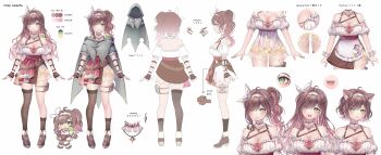 1girl :3 :d absurdres ahoge alternate_hairstyle animal_ears apron asymmetrical_legwear bare_shoulders belt belt_bag black_panties black_thighhighs boots bow bow_hairband breasts brown_footwear brown_hair brown_skirt cat_ears character_name reference_sheet chibi chibi_inset choker cleavage cleavage_cutout cloak closed_eyes closed_mouth clothing_cutout color_guide colored_inner_hair creature creature_on_shoulder detached_sleeves dress earrings fang fingerless_gloves fortissimo frilled_choker frilled_dress frills full_body gloves green_eyes hair_ornament hairband hairpin highleg highleg_panties highres hip_flask hood hooded_cloak indie_virtual_youtuber jewelry kemonomimi_mode kneehighs large_breasts long_hair loose_belt miori_celesta mogu_(miori_celesta) mole mole_on_armpit mole_on_thigh multicolored_hair multiple_hairpins multiple_views musical_note musical_note_hair_ornament necklace on_shoulder open_mouth overskirt ozzingo panties pink_hair potion pout puffy_detached_sleeves puffy_sleeves red_skirt see-through_clothes see-through_dress shoes short_dress short_hair side_ponytail side_slit simple_background single_earring single_thighhigh skindentation skirt slime_(creature) smile socks standing star_(symbol) star_in_eye straight-on strap strapless strapless_dress symbol_in_eye thigh_strap thighhighs thighs twintails underwear uneven_legwear variations virtual_youtuber wavy_hair white_apron white_background white_bow white_dress white_hairband white_wrist_cuffs wrist_cuffs