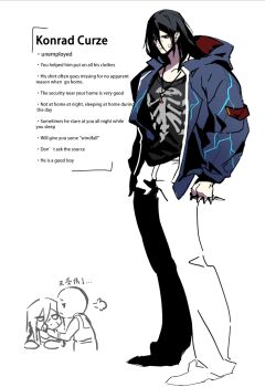 1boy 1other alternate_universe ambiguous_gender apron bandaid bandaid_on_face black_hair black_shirt blue_hoodie brass_knuckles character_name chibi closed_mouth collarbone commentary commentary_request earrings english_commentary english_text engrish_text full_body hand_on_another's_face highres hood hoodie hourglass hourglass_necklace jacket jewelry konrad_curze lightning_bolt_print lightning_print long_hair looking_at_another male_focus night_lords open_clothes open_jacket original pants primarch puff_of_air ranguage shirt simple_background single_earring skeleton_print solo_focus warhammer_40k weapon white_background