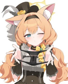 Rule 34 | 1girl, absurdres, animal ear fluff, animal ears, black hairband, black headband, black overskirt, black panties, blue archive, blue eyes, blush, cat ears, choker, dress, flower, fluffy hair, frilled choker, frills, grey dress, grey feathers, hairband, halo, hat, hat flower, headband, highres, holding, holding panties, holding underwear, holding unworn clothes, idol, idol clothes, long hair, looking at viewer, low twintails, mari (blue archive), mari (idol) (blue archive), mini hat, mini top hat, official alternate costume, one eye closed, orange hair, panties, presenting removed panties, quel (quel1111), rose, simple background, solo, sweat, top hat, twintails, underwear, upper body, wet, wet clothes, wet panties, white background, yellow flower, yellow halo, yellow rose