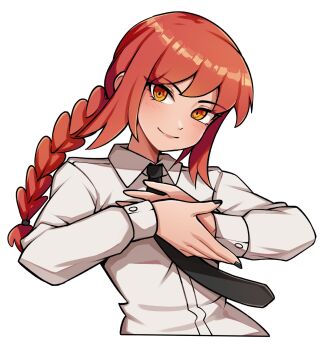1girl black_nails black_necktie braid braided_ponytail chainsaw_man closed_mouth collared_shirt commentary cropped_torso double-parted_bangs english_commentary fingernails formal_clothes highres long_hair long_sleeves looking_at_viewer makima_(chainsaw_man) nail_polish necktie oninuer orange_eyes own_hands_together red_hair ringed_eyes shirt simple_background single_braid smile solo white_background white_shirt