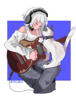 Rule 34 | 1girl, bang dream!, bang dream! it's mygo!!!!!, blush, cable, cat, closed mouth, commentary, crossed legs, electric guitar, grey pants, guitar, hashtag-only commentary, headphones, highres, instrument, kaname raana, long sleeves, music, off-shoulder shirt, off shoulder, one eye closed, pants, playing guitar, playing instrument, raana the cat, shirt, short hair, sitting, solo, starashes, white hair, white shirt, yellow eyes