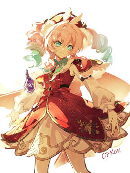 1girl aqua_bow aqua_bowtie aqua_eyes aqua_hair artist_name bare_legs bow bowtie breasts cat_princess commentary_request dress drill_hair feet_out_of_frame gradient_hair hat honkai:_star_rail honkai_(series) hyacine_(honkai:_star_rail) long_hair long_sleeves looking_at_viewer medium_hair multicolored_hair open_hand pantyhose pink_hair red_dress red_hat signature simple_background small_breasts solo standing twin_drills twintails two-tone_hair white_background white_pantyhose wing_hat_ornament