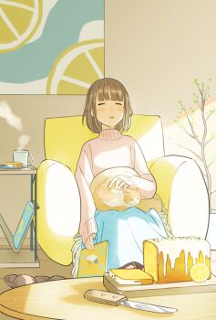 1girl animal animal_on_lap blue_skirt blush_stickers brown_hair cake cake_slice cat cat_on_lap chair closed_eyes commentary_request cup food fruit highres indoors lemon lemon_cake lemon_slice long_sleeves matsumine_(twin-mix) medium_hair mug on_chair on_lap original parted_lips pet pink_sweater plant potted_plant sitting skirt sleeping sleeping_animal sleeping_upright sleeves_past_wrists slice_of_life slippers solo steam steaming_cup sweater table turtleneck turtleneck_sweater unworn_slippers