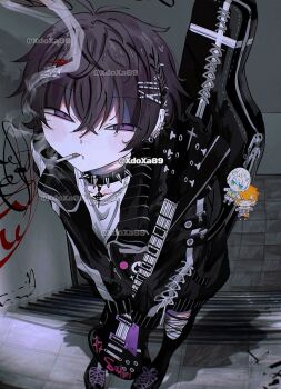1boy alternate_costume artist_name black_hair black_pants charm_(object) choker cigarette closed_mouth commentary cross cross_choker fang foreshortening graffiti hair_between_eyes hibachi_mana hibachi_mana_(1st_costume) highres instrument_case instrument_case_on_back leaning_forward long_sleeves looking_at_viewer male_focus nijisanji pants purple_eyes saiki_ittetsu short_hair sleeves_past_fingers sleeves_past_wrists smoke smoke_trail smoking solo spiked_choker spikes stairs symbol-only_commentary tile_floor tiles torn_clothes torn_pants usami_rito usami_rito_(1st_costume) virtual_youtuber xdoxa89