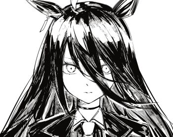 1girl ahoge animal_ears choker closed_mouth collared_shirt ear_ornament ear_tag earrings greyscale hair_between_eyes highres horse_ears horse_girl jewelry katagiri_nanoka long_hair long_hair_between_eyes manhattan_cafe_(umamusume) monochrome multicolored_hair necktie shirt simple_background single_earring solo umamusume white_background