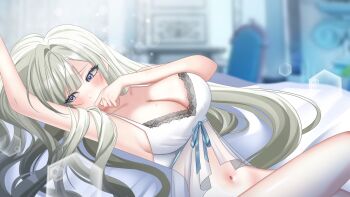 1girl artist_request babydoll blue_eyes blue_ribbon blurry blurry_background breasts cleavage commentary covering_own_mouth english_commentary grey_hair highres large_breasts long_hair mole mole_on_breast navel phase_connect ribbon stomach virtual_youtuber white_babydoll wilhelmina_frost