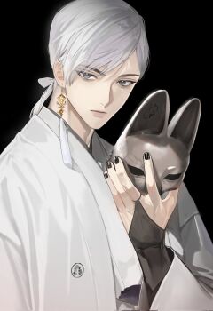 Rule 34 | 1boy, black sclera, colored sclera, earrings, fox mask, fox mask (silent hill), highres, japanese clothes, jewelry, kimono, male focus, mask, removing mask, robe, silent hill (series), silent hill f, solo, tassel, tassel earrings, ttthasyu, white hair, white kimono, white robe