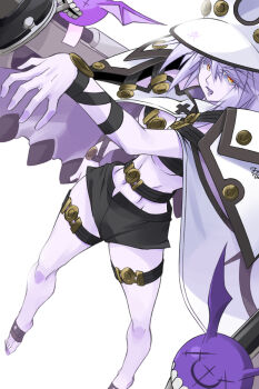 1girl alternate_color bandaged_foot bandages bat_wings belt belt_bra black_belt black_shorts breasts cape colored_skin commentary creature flying full_body guilty_gear guilty_gear_xrd hair_between_eyes hat highres kageyama_shinobi looking_at_viewer medium_breasts nail_polish navel open_mouth orange_eyes purple_nails ramlethal_valentine short_hair short_shorts shorts simple_background solo standing thigh_strap toenail_polish toenails weapon white_background white_cape white_hair white_hat white_skin wings wristband