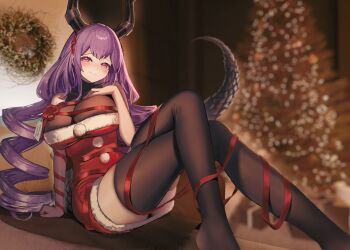 1girl absurdres arknights blush bound bow breasts christmas christmas_tree dress drill_hair highres horns long_hair looking_at_viewer purple_eyes purple_hair red_ribbon ribbon ribbon_bondage santa_costume santa_dress sanzuitaroh smile solo tail thighhighs translation_request tree typhon_(arknights)