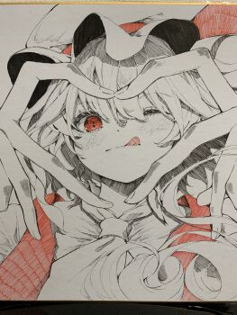 1girl ;q ascot collared_shirt commentary flandre_scarlet four-finger_heart_hands hair_between_eyes hat hat_ribbon heart heart_hands highres kararage_tsune long_hair looking_at_viewer mob_cap one_eye_closed red_eyes red_ribbon red_vest ribbon shikishi shirt solo spot_color tongue tongue_out touhou traditional_media upper_body vest