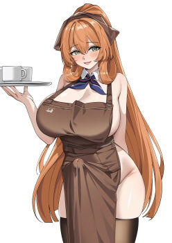 1girl absurdres alternate_breast_size_(larger) apron arm_behind_back bare_arms bare_shoulders black_thighhighs blue_neckerchief blunt_ends blush breasts brown_apron brown_ribbon bulge cleavage coffee_mug commentary cowboy_shot cup detached_collar erection erection_under_clothes futanari girls&#039;_frontline green_eyes groin hair_between_eyes hair_ribbon hair_rings hand_up high_ponytail highres holding holding_tray huge_breasts long_hair looking_at_viewer mug naked_apron neckerchief open_mouth orange_hair ponytail precum precum_through_clothes ribbon sideboob simple_background skindentation smile solo springfield_(girls&#039;_frontline) standing thighhighs tray very_long_hair white_background wujack