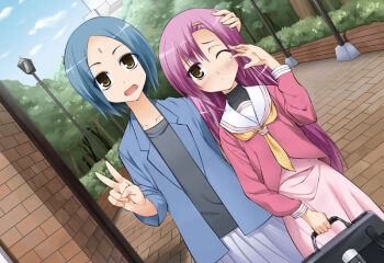 00s 2girls bindi blue_hair brown_eyes dutch_angle hayate_no_gotoku! kadou katsura_hinagiku katsura_yukiji multiple_girls one_eye_closed purple_hair school_uniform short_hair siblings sisters v wink