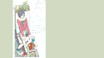 2girls bad_anatomy blue_eyes blue_hair blue_socks buttons chair cool_colored cup denim denim_skirt dress drinking_glass flannel food fork bad_tag from_above green_shirt green_skirt hair_over_one_eye half-closed_eyes holding holding_fork index_finger_raised ishida_sui kirishima_touka lace_trim long_arms long_sleeves looking_ahead miniskirt multiple_girls nail_polish official_art on_chair outstretched_arms rabbit red_shirt restaurant shirt shoes short_hair simple_background sitting skirt smile socks table tile_floor tiles tokyo_ghoul toned two-tone_dress