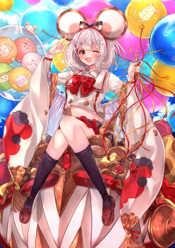 1girl ;d absurdres animal_ears balloon black_socks blue_sky brown_shoes commentary_request fake_animal_ears granblue_fantasy grey_hair highres holding holding_balloon kneehighs long_sleeves looking_at_viewer midriff mouse_ears navel one_eye_closed open_mouth red_eyes rice_tea shoes sky smile socks solo vikala_(granblue_fantasy) w_over_head