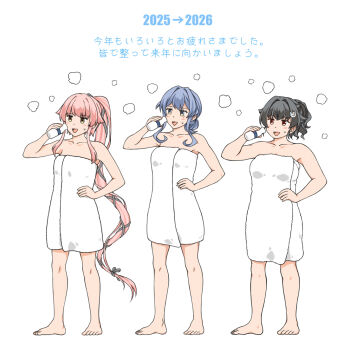 3girls barefoot black_hair blue_eyes blue_hair commentary_request full_body gotland_(kancolle) hair_bun hair_ribbon hand_on_own_hip jingei_(kancolle) kantai_collection long_hair multiple_girls naked_towel new_year pink_hair ponytail red_eyes ribbon suda_(yuunagi_enikki) towel translation_request wavy_hair white_background yellow_eyes yura_(kancolle)