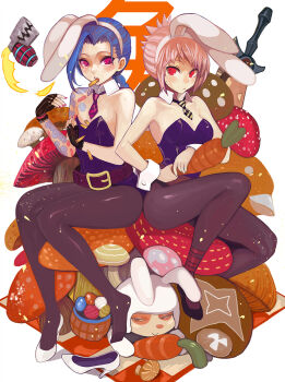 2girls animal_ears basket battle_bunny_riven blue_hair braid bullet bullet_in_mouth canking carrot easter easter_bunny easter_egg egg explosive fake_animal_ears fingerless_gloves gloves grenade hairline high_heels highres jinx_(league_of_legends) league_of_legends multiple_girls mushroom necktie pantyhose pink_hair playboy_bunny rabbit_ears red_eyes riven_(league_of_legends) shoes single_shoe smile sweatdrop sword tattoo teemo unworn_shoes weapon