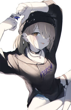 1girl azusawa_kohane beanie black_hoodie choker commentary denim denim_shorts ear_piercing hat highres hood hoodie kokonotsu_9 piercing project_sekai short_twintails shorts sitting spiked_choker spikes symbol-only_commentary tongue tongue_out twintails