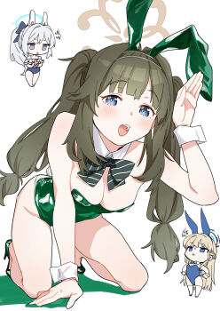 3girls :d absurdres alternate_costume animal_ears bare_shoulders blonde_hair blue_archive blue_eyes blue_leotard bow bowtie breasts cleavage commentary_request detached_collar fake_animal_ears fake_tail green_bow green_bowtie green_hair green_leotard green_shoes grey_hair halo high_heels highres holding holding_phone leotard miyako_(blue_archive) miyako_(swimsuit)_(blue_archive) multiple_girls off-shoulder_one-piece_swimsuit off_shoulder official_alternate_costume one-piece_swimsuit open_mouth phone playboy_bunny purple_eyes rabbit_ears rabbit_tail shichimi_yutsuki shoes simple_background smile strapless strapless_leotard swimsuit tail toki_(blue_archive) toki_(bunny)_(blue_archive) tsumugi_(blue_archive) twintails white_background white_wrist_cuffs wrist_cuffs x_mouth