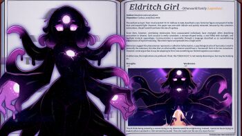 1girl black_skin character_profile colored_skin commentary english_commentary english_text glowing glowing_chest glowing_eyes highres looking_at_viewer nude original outstretched_arms penis pov pov_crotch purple_eyes pussy sex slime_(substance) solo_focus spread_legs tentacles twistedscarlett60 vaginal