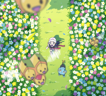 1girl bag blue_flower blue_hair blurry combee commentary_request dawn_(pokemon) dot_nose eyelashes field flower flower_field gen_4_pokemon grass hat holding holding_bag long_hair looking_up motion_blur mutou610 nintendo open_mouth outdoors path pokemon pokemon_(creature) pokemon_dppt purple_flower red_scarf road scarf shinx smile white_flower white_hat yellow_eyes yellow_flower