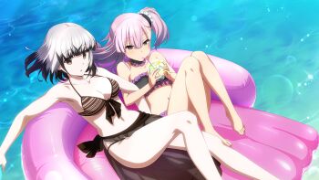 Rule 34 | 2girls, afloat, barefoot, bikini, black bikini, black hair, blue eyes, blunt bangs, breasts, brown bikini, cleavage, collarbone, colored tips, covered eyes, cup, drinking, frilled bikini, frills, game cg, holding, holding cup, legs up, long hair, looking at viewer, medium breasts, multicolored hair, multiple girls, navel, official art, one side up, orange eyes, pink hair, reclining, satsuki yomi, short hair, small breasts, stomach, swimsuit, toji no miko, toji no miko: kizamishi issen no tomoshibi, tsubakuro yume, water, white hair
