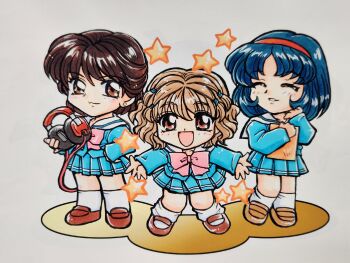 Rule 34 | 3girls, black hair, blue hair, blue serafuku, blue shirt, blue skirt, bow, brown eyes, brown hair, brown shoes, chibi, chibi only, clipboard, closed eyes, closed mouth, commentary, full body, hairband, hands up, headphones, highres, holding, holding clipboard, holding headphones, kira kira melody gakuen, kneehighs, kokomahi, loafers, looking at viewer, mary janes, medium hair, multiple girls, official art, open hands, open mouth, parted lips, pink bow, pleated skirt, red hairband, sailor collar, school uniform, serafuku, shirt, shoes, short hair, skirt, smile, socks, standing, star (symbol), traditional media, wavy hair, white background, white sailor collar, white socks