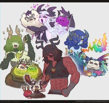 4girls 6+others abs bandages bare_shoulders blue_skin breasts bug cauldron chainsword colored_sclera colored_skin commentary demon demon_girl demon_horns earrings english_commentary feathered_wings fire fly freckles genderswap genderswap_(mtf) hair_ornament hair_over_eyes hair_over_one_eye heart heart_in_mouth highres horns hug in_cauldron insect jewelry khorne khorne_(symbol) large_breasts lipstick_mark long_hair medium_breasts medium_hair multiple_girls multiple_heads multiple_others muscular muscular_female nurgle one_eye_closed original red_skin scar slaanesh slaanesh_(symbol) small_tora_(tempura_person) smile tail tempura_person tzeentch tzeentch_(symbol) warhammer_40k white_background wings