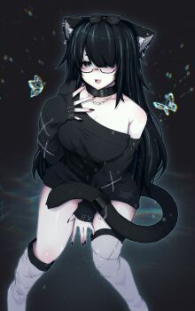 1girl animal_ears black_hair breasts bug butterfly cat_ears cat_girl cat_tail cleavage collar glasses goth_fashion highres houndeater insect long_hair multicolored_hair open_mouth original pale_skin solo tail very_long_hair wide_hips