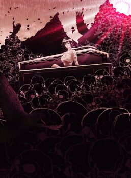 1girl absurdres bandaged_arm bandaged_head bandaged_torso bandages bird black_hair blue_eyes breasts catphine character_request check_character cleavage coffin crow head_tilt highres lens_flare looking_at_viewer morgan_(shadow_slave) people pile_of_skulls shadow_slave short_hair sitting skull sun too_many_skulls